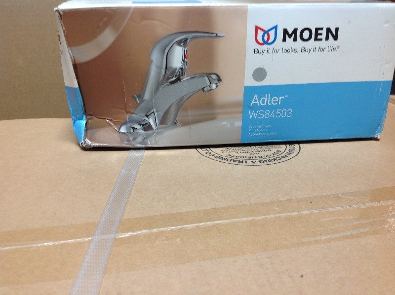 lot 109 image: MOEN Adler 4 in. Centerset Single-Handle Low-Arc Bathroom Faucet in Chrome in good conditions