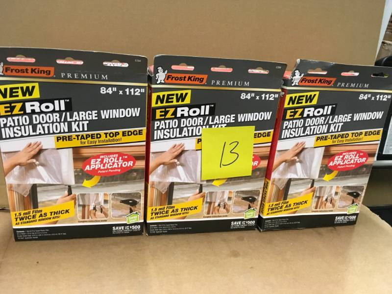lot 13 image: Frost King EO 84 in. x 112 in. Premium Heavy-Duty EZ Roll-on Shrink Patio DoorLarge Window Insulation Kit not used