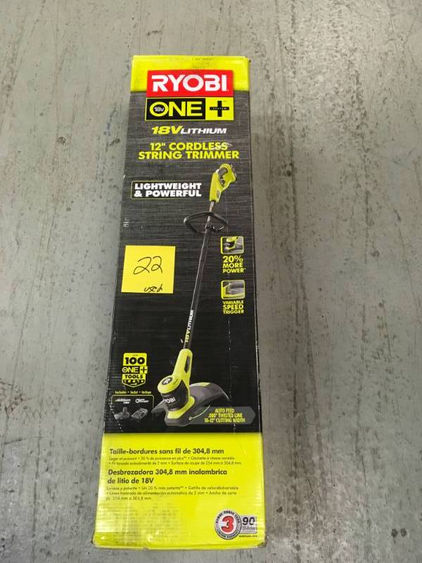 lot 22 image: RYOBI ONE 18-Volt Lithium-Ion Electric Cordless String Trimmer 2.0 Ah Battery and Charger Included USED in good condition