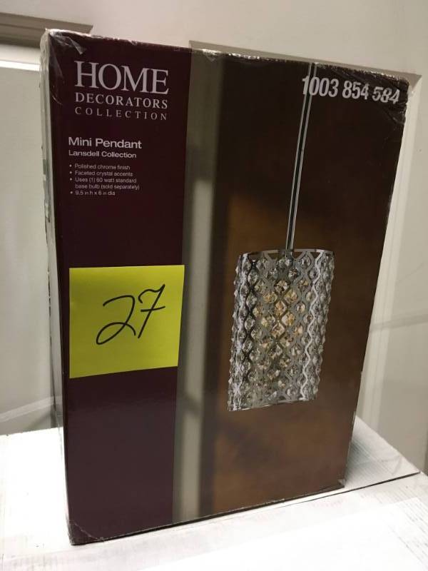lot 27 image: Home Decorators Collection 1-Light Chrome and Crystal Mini Pendant not used