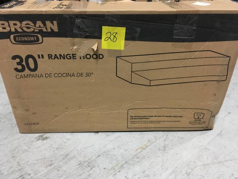 lot 28 image: Broan 42000 Series 30 in. Under Cabinet Range Hood with Light in Stainless Steel in good condition