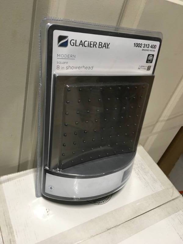 lot 62 image: Glacier Bay Modern 1-Spray 8 in. Square Raincan Fixed Showerhead in Brushed Nickel in good condition