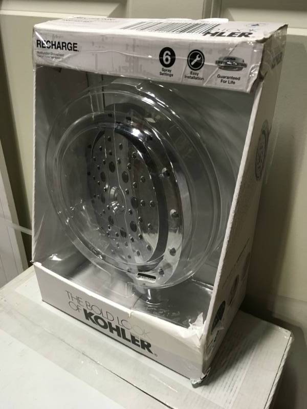 lot 69 image: KOHLER Recharge 1.8 GPM 9.125 in. 6-Spray Multifunction Showerhead in Polished Chrome in good condition