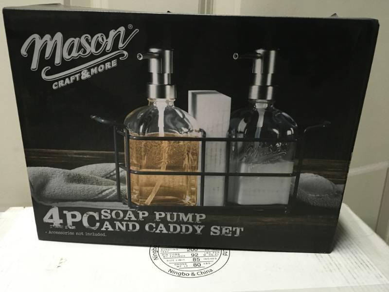 lot 70 image: 4-Piece Glass Soap Pump and Caddy Set by Mason Craft in good condition