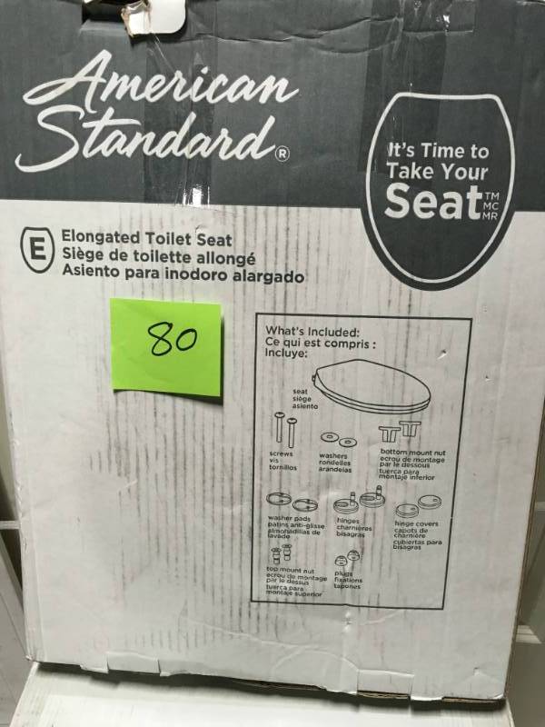 lot 80 image: American Standard Fluent Elongated Slow Closed Front Toilet Seat in White not used