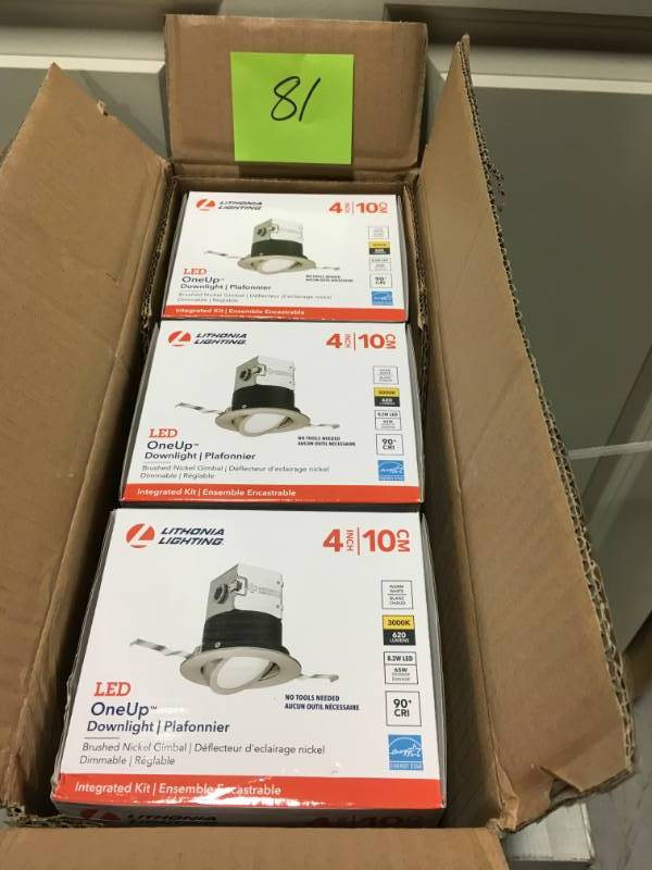lot 81 image: Lithonia Lighting Lithonia OneUp 4 in. Brushed Nickel Recessed Integrated LED Kit not used