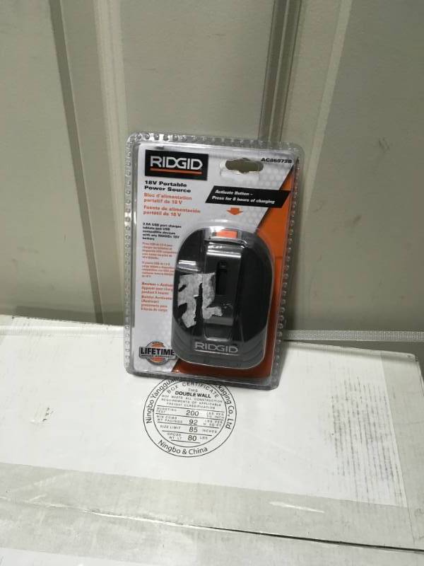 lot 86 image: RIDGID 18-Volt USB Portable Power Source with Activate Button in good condition