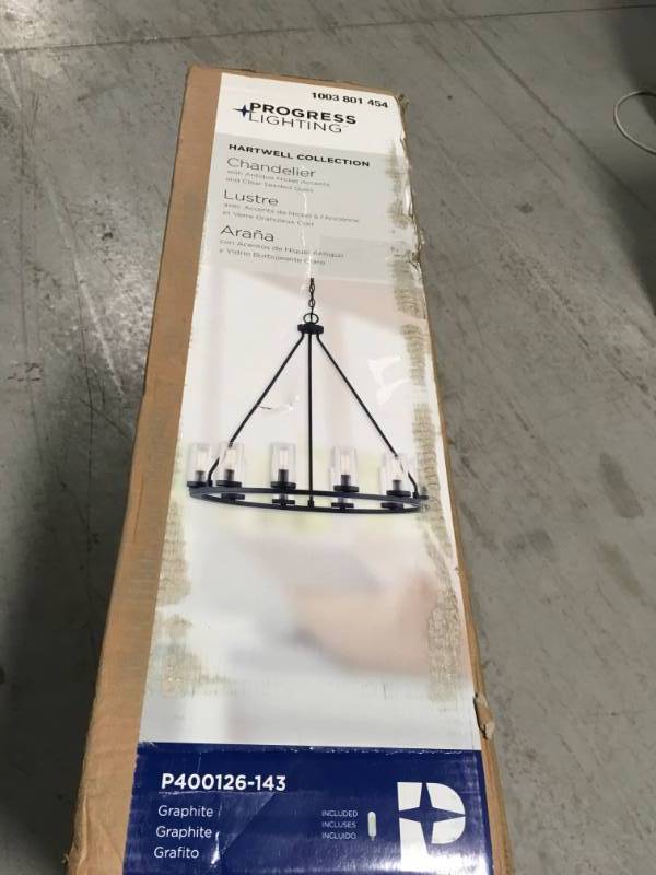 lot 94 image: Progress Lighting Hartwell 12-Light Graphite Chandelier with Antique Nickel Accents not used