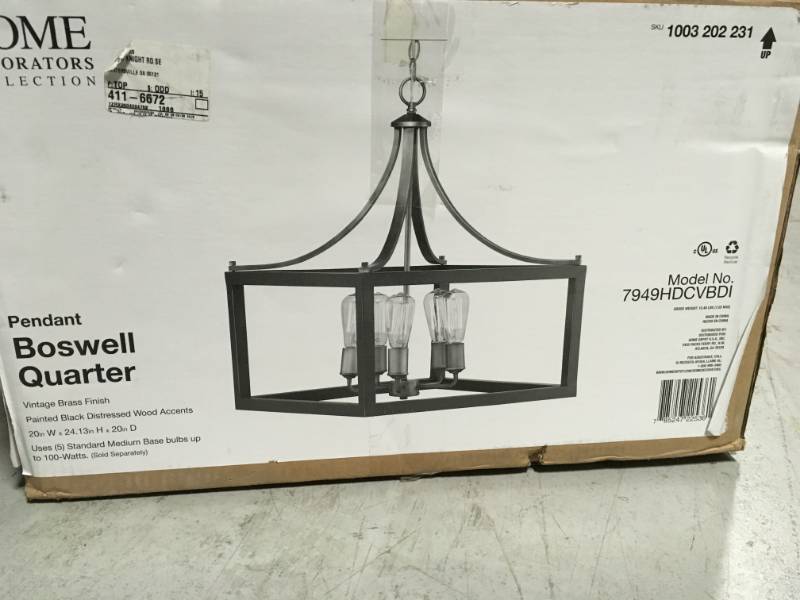 lot 6 image: Home Decorators Collection Boswell Quarter Collection 5-Light Vintage Brass Pendant with Painted Black Distressed Wood Accents not used