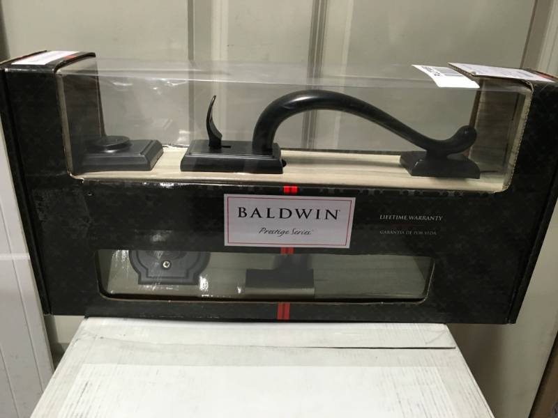 lot 36 image: Baldwin Prestige Pistoria Single Cylinder Venetian Bronze Door Handleset w Arch Rose Madrina Door Lever Feat SmartKey Security in good condition