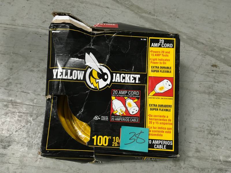 lot 38 image: Yellow Jacket 100 ft. 103 SJTW Outdoor Heavy-Duty Extension Cord with T-Blade Power Light Plug in good condition