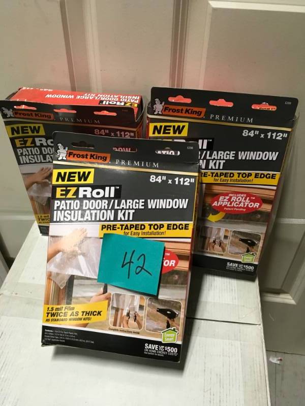 lot 42 image: Frost King EO 84 in. x 112 in. Premium Heavy-Duty EZ Roll-on Shrink Patio DoorLarge Window Set of 3 Insulation Kit not used