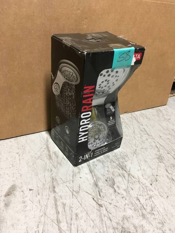 lot 58 image: Delta HydroRain 2-in-1 5-Spray 6 in. Fixed Shower Head with Pause in Chrome in good condition