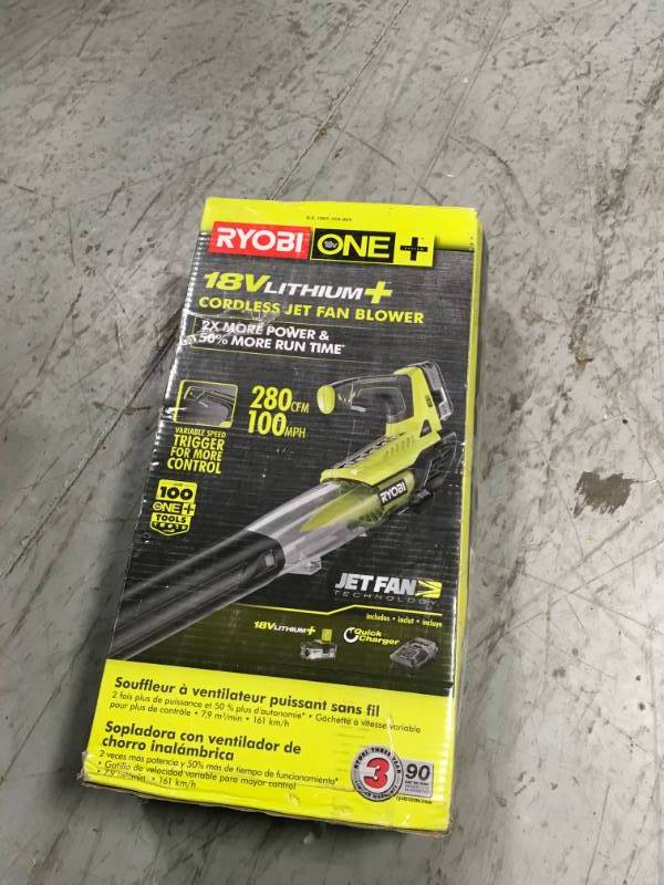 lot 61 image: RYOBI ONE 100 MPH 280 CFM Variable-Speed 18-Volt Lithium-Ion Cordless Jet Fan Leaf Blower TOOL ONLY in good condition