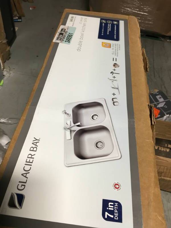 lot 81 image: Glacier Bay All-in-One Drop-In Stainless Steel 33 in. 4-Hole Double Bowl Kitchen Sink   in good condition
