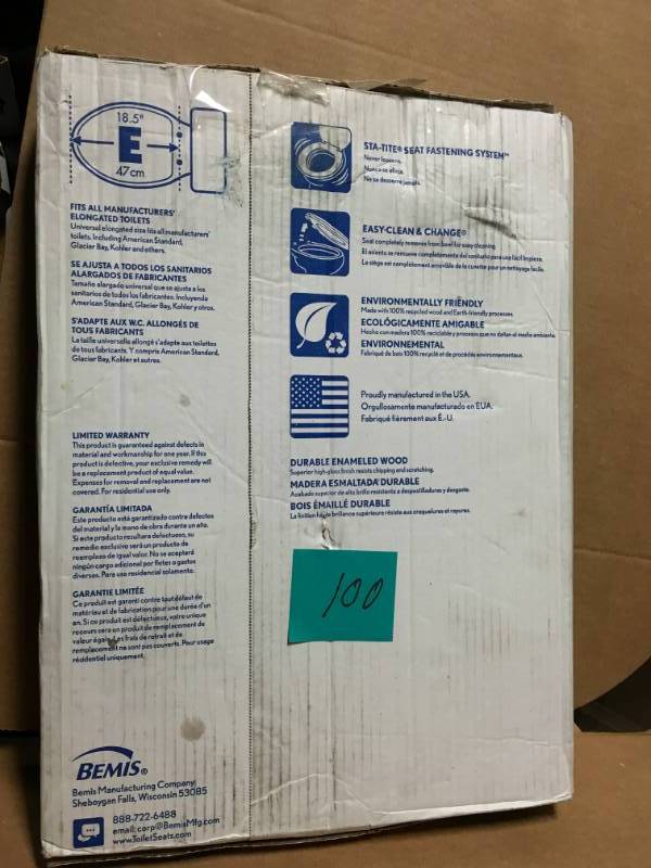 lot 100 image: BEMIS Lift-Off Never Loosens Elongated Closed Front Toilet Seat in White  in good condition