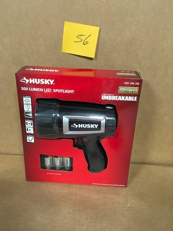 lot 56 image: HUSKY 500 Lumen LED SPOTLIGHT 1001 596 206 Virtually Unbreakable WITH BATTERIES new
