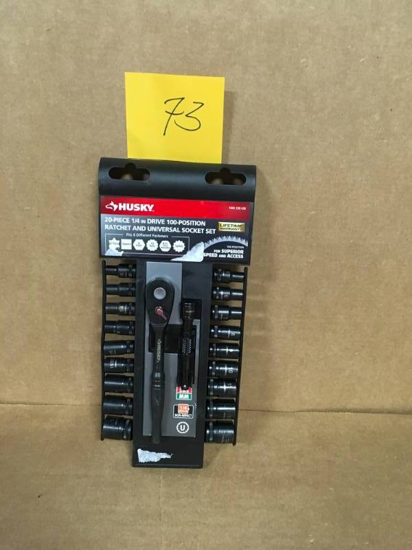 lot 73 image: Husky 14 in. Drive 100-Position Ratchet and Universal SAEMetric Socket Wrench Set (20-Piece) in good condition