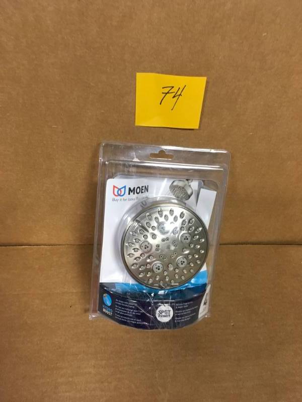 lot 74 image: MOEN Avira 4-Spray 4 in. 1.75 GPM Showerhead Featuring HydroBoost in Spot Resist Brushed Nickel in good condition