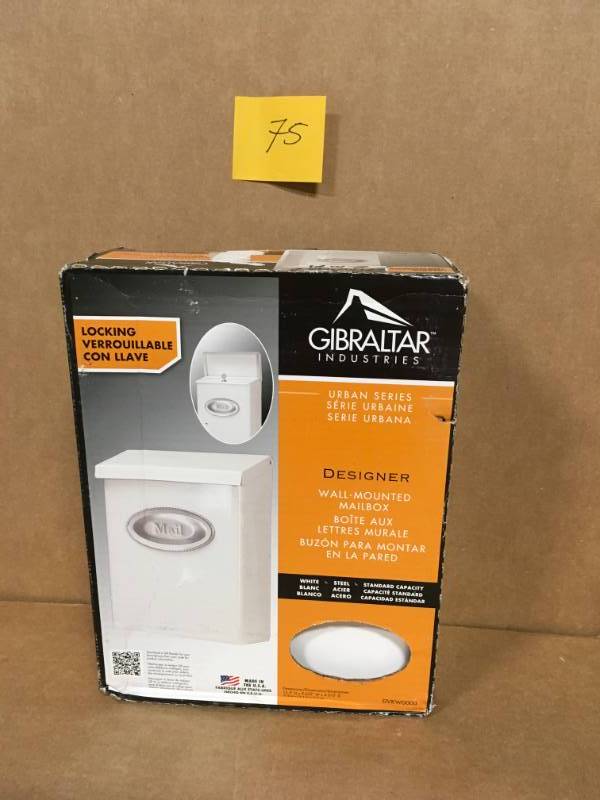 lot 75 image: Gibraltar Mailboxes Designer White Satin Nickel Decorative Emblem Vertical Wall-Mount Locking Mailbox in good condition