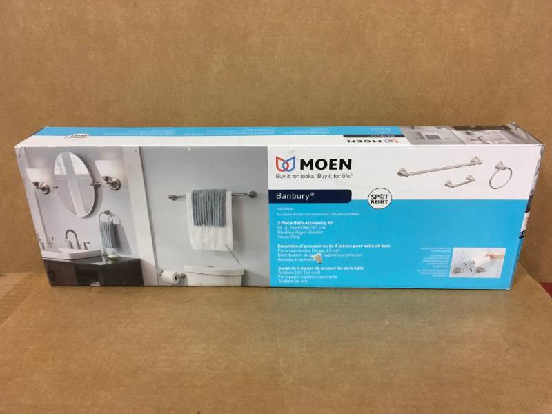 lot 91 image: MOEN Banbury 3-Piece Bath Hardware Kit in Brushed Nickel in good condition