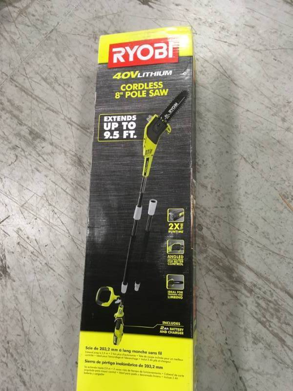 lot 108 image: Ryobi 8 in. 40-Volt Lithium-Ion Cordless Pole Saw 2 Ah Battery and Charger Included in like new condition