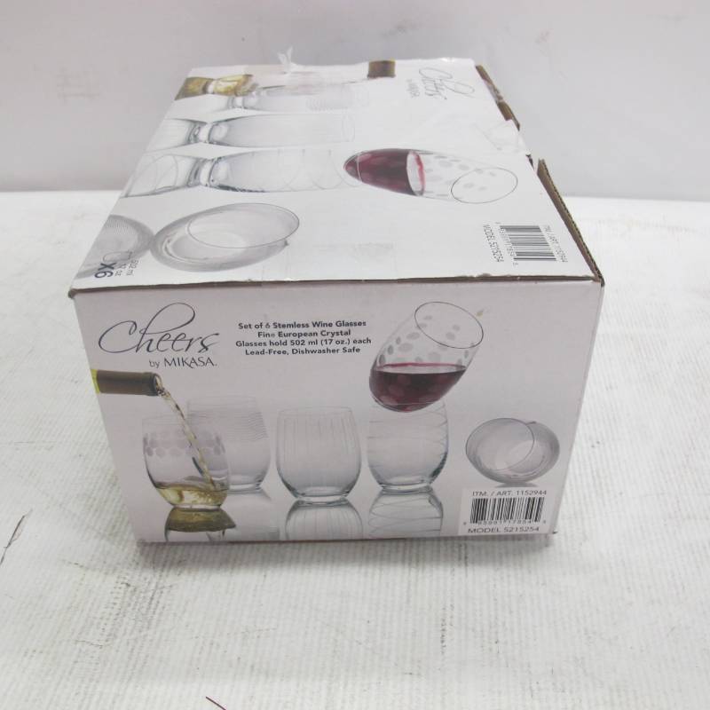 lot 47 image: Mikasa Cheers 6 Stemless Etched Wine Glasses Fine European Lead-Free Crystal