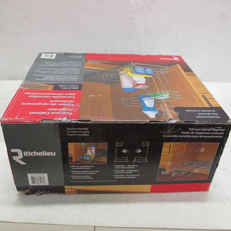 lot 55 image: Richelieu Pull Out Cabinet Organizer 9 inch wide x 18.5 inch deep Chrome