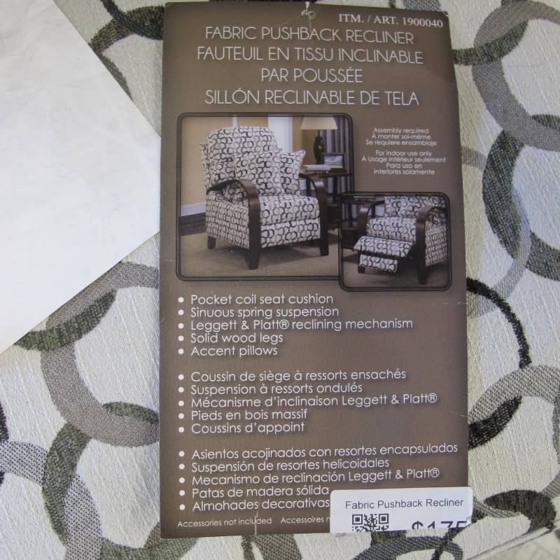 lot 1 image: Fabric Pushback Recliner with 2 Matching Throw Pillows