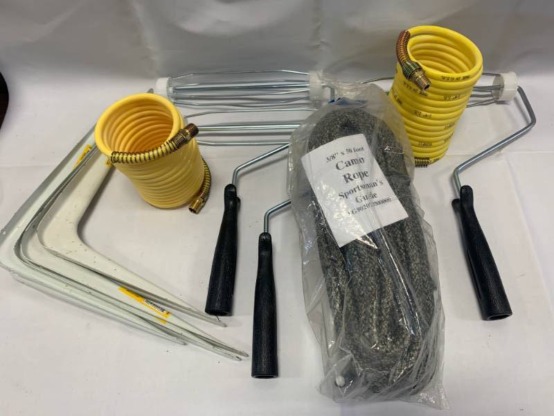 lot 65 image: 38 x 50 Camo Rope, 3 Paint Rollers, Shelf Brackets, 2 Air Hose