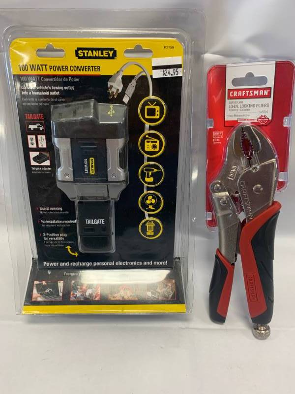lot 69 image: New Craftsman 10 Locking Pliers & Stanley Tailgate Power Convertor