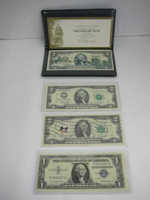4 Bills -$1 Blue Seal & $2 Green Seal With postage stamp no folds