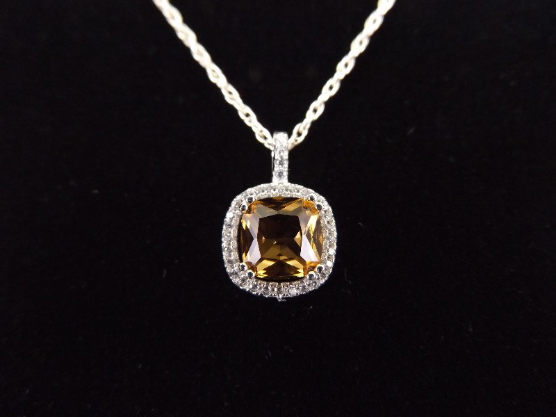 .925 Sterling Silver Asscher Cut Citrine Crystal Pendant Necklace