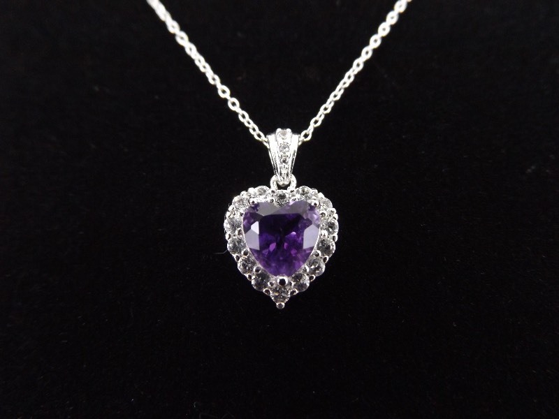 .925 Sterling Silver Heart Cut Amethyst Pendant Necklace