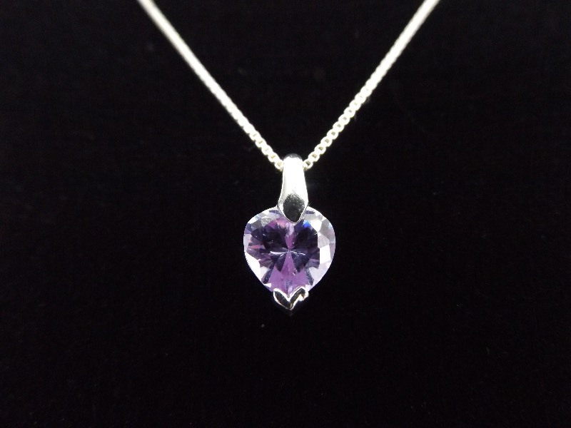 .925 Sterling Silver Heart Cut Amethyst Crystal Pendant Necklace