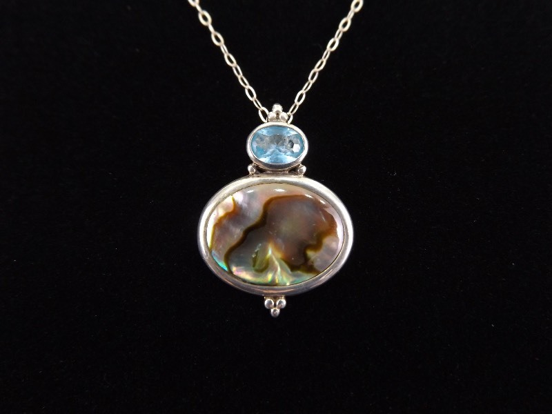 .925 Sterling Silver Oval Cut Topaz and Abalone Shell Pendant Necklace