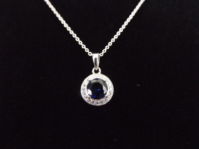 .925 Sterling Silver Faceted Sapphire Crystal Pendant Necklace