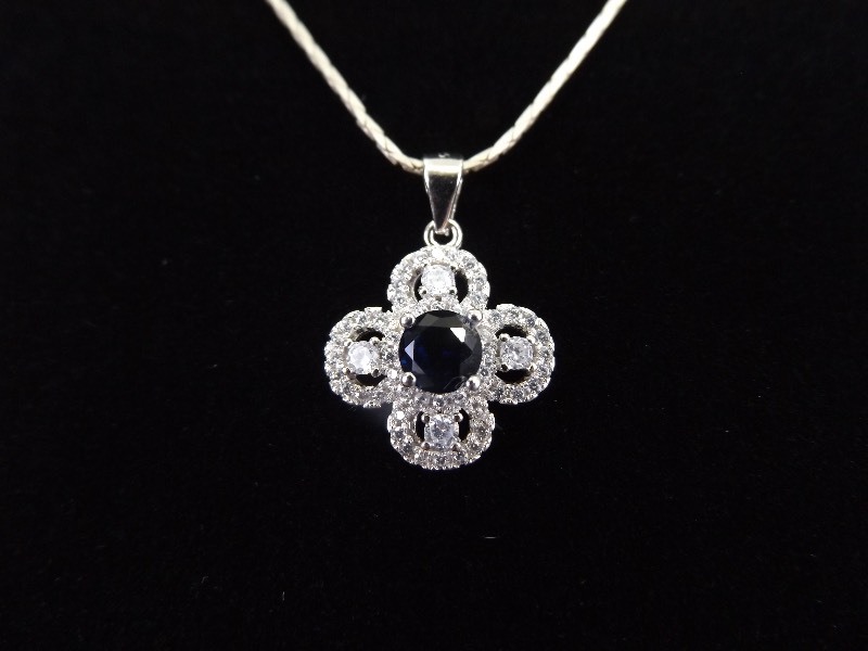 .925 Sterling Silver Faceted Sapphire Crystal Pendant Necklace