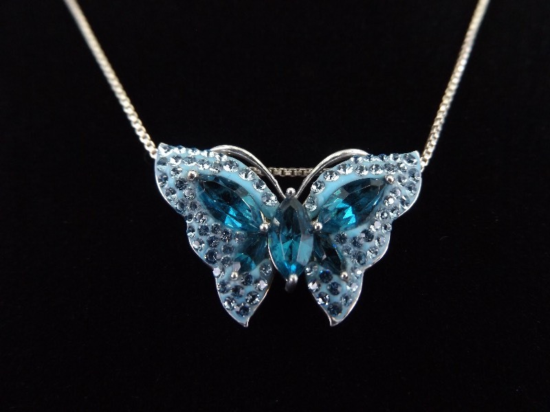 .925 Sterling Silver Faceted Blue Crystal Butterfly Slide Pendant Necklace