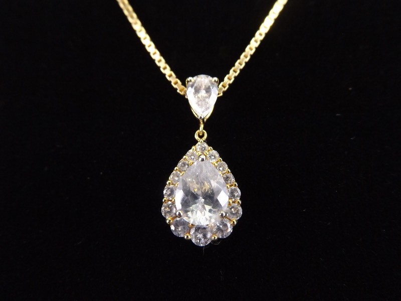 .925 Sterling Silver Signed Crystal Vermeil Pendant Necklace