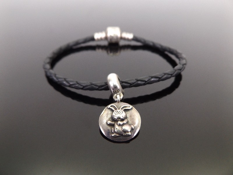 .925 Sterling Silver PANDORA Bunny Charm and Leather Bracelet