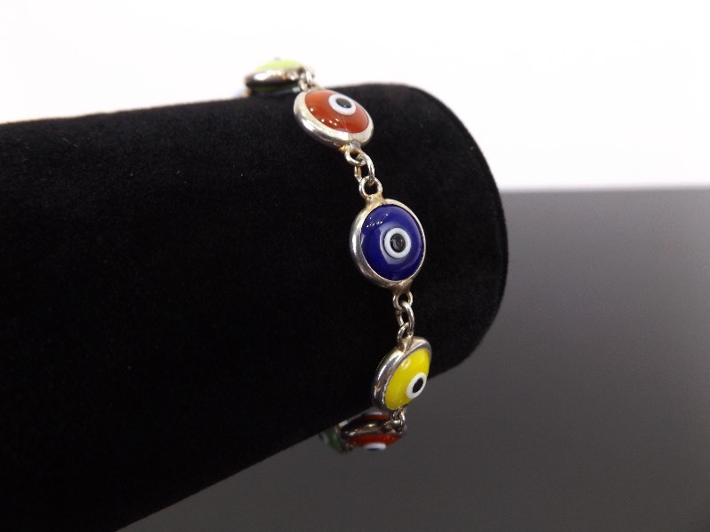 .925 Sterling Silver Multi Color Glass Eye Bracelet