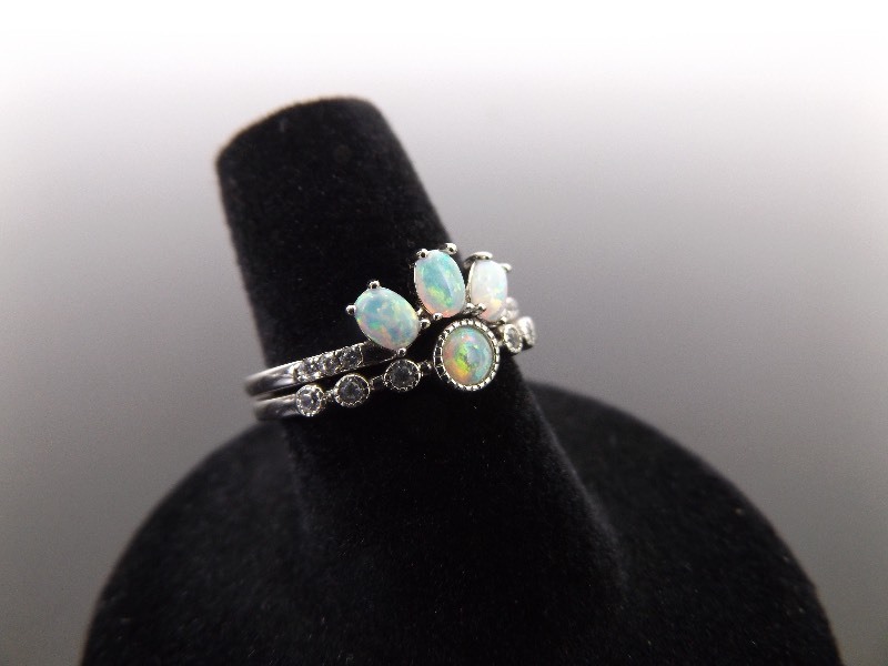 .925 Sterling Silver Opal Cabochon and Crystal 2 Ring Set Size 7