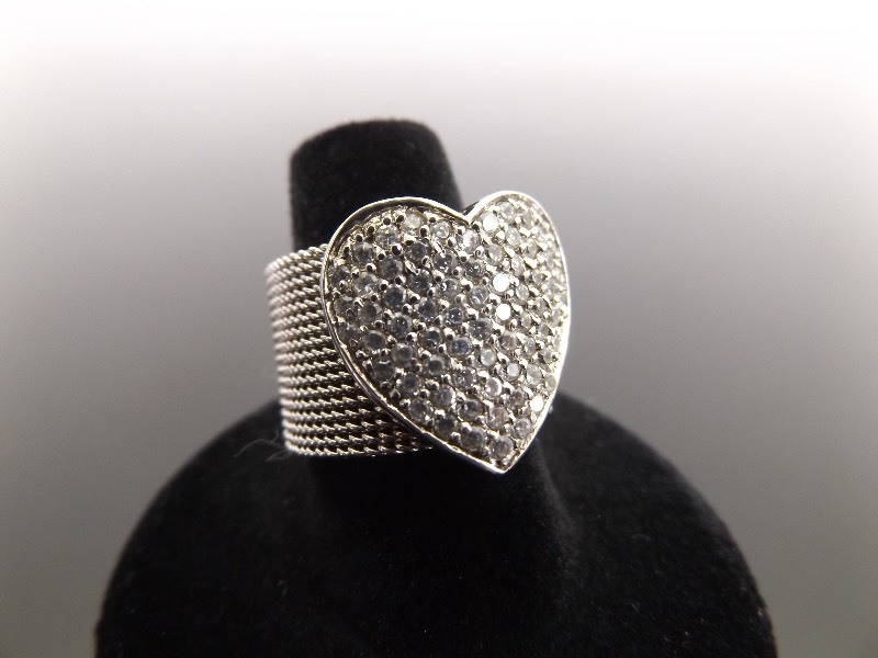 .925 Sterling Silver Crystal Heart Mesh Ring Size 8.5