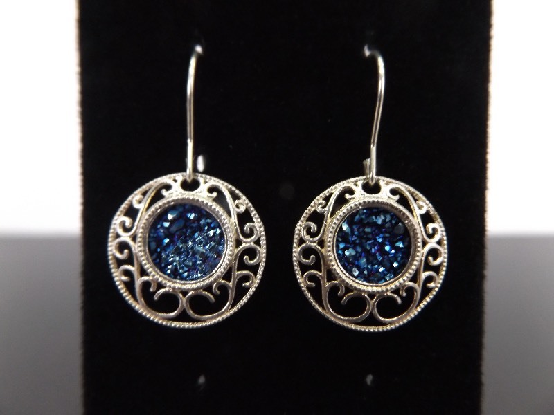 .925 Sterling Silver Blue Crystal Scrolled Dangle Hook Earrings
