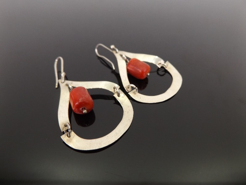 .925 Sterling Silver Artisan Coral Barrel Dangle Hook Earrings