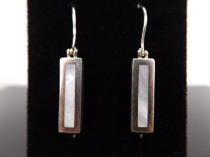 .925 Sterling Silver Inlayed Mother of Pearl Dangle Hook Earrings