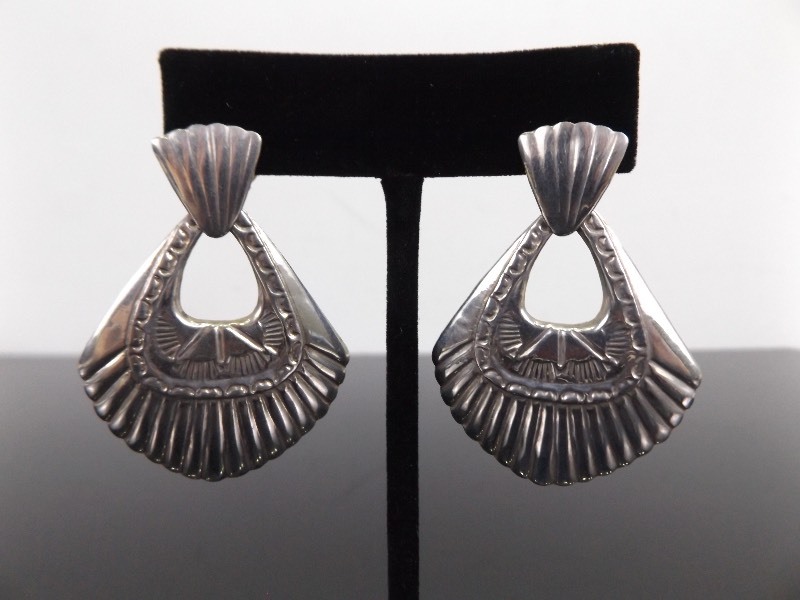 .925 Sterling Silver Navajo Shield Dangle Post Earrings