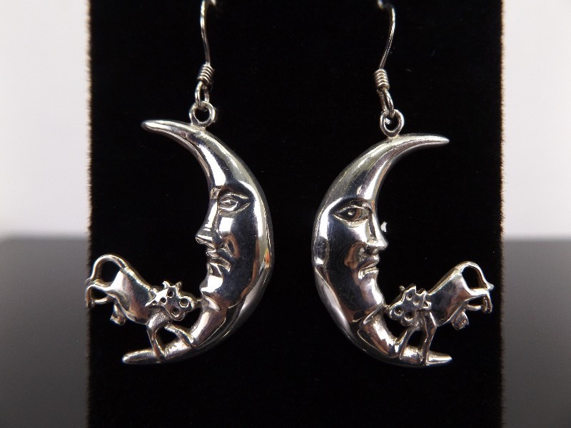 .925 Sterling Silver Cow Jumped Over The Moon Dangle Hook Earrings