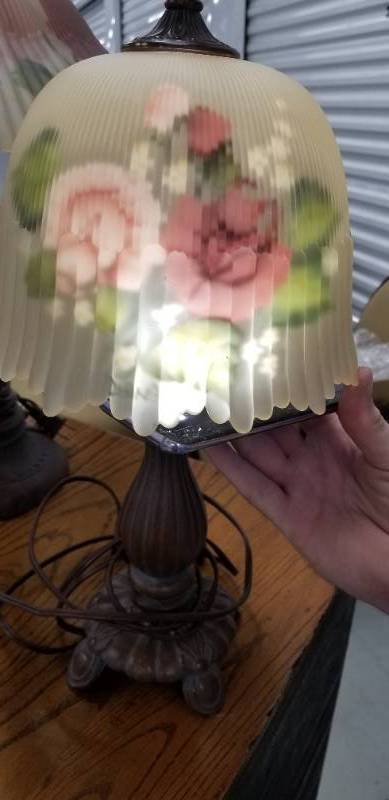 lot 29 image: Reverse Painted Glass Shade Dome Table Lamp